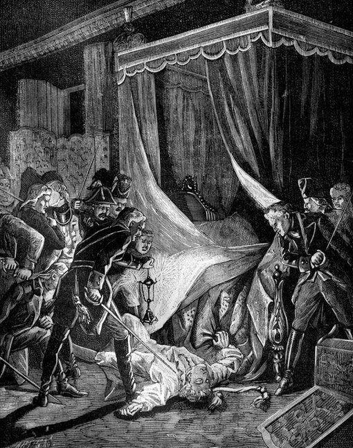 Убийство императора Павла I, гравюра из французской исторической книги, 1880-е годы