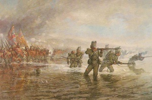 Второй батальон Стрелковой бригады английских войск переправляется через Альму. Льюис Джонс. 1854 год.