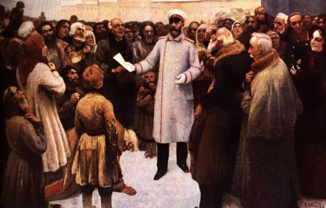 Клавдий Лебедев На площади Зимнего дворца император Александр II, зачитывает манифест об освобождении крепостных крестьян.