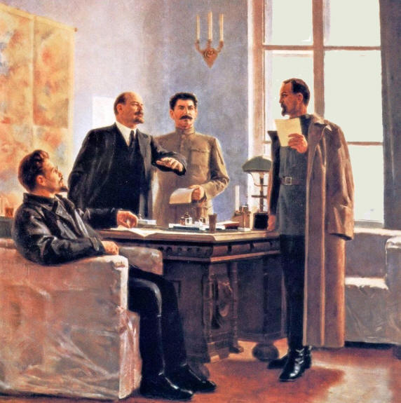 Ленин, Сталин и Свердлов вручают Дзержинскому декрет о создании Всероссийской Чрезвычайной комиссии.