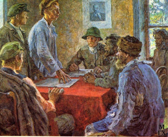  "Заседание комитета бедноты" (1920) Александра Моравова (1878-1951).