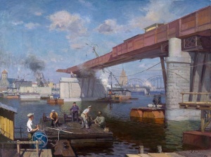 Эгле Арвид (Арвидс) Индрикович (1905-1977) «Строительство моста над Даугавой» 1957