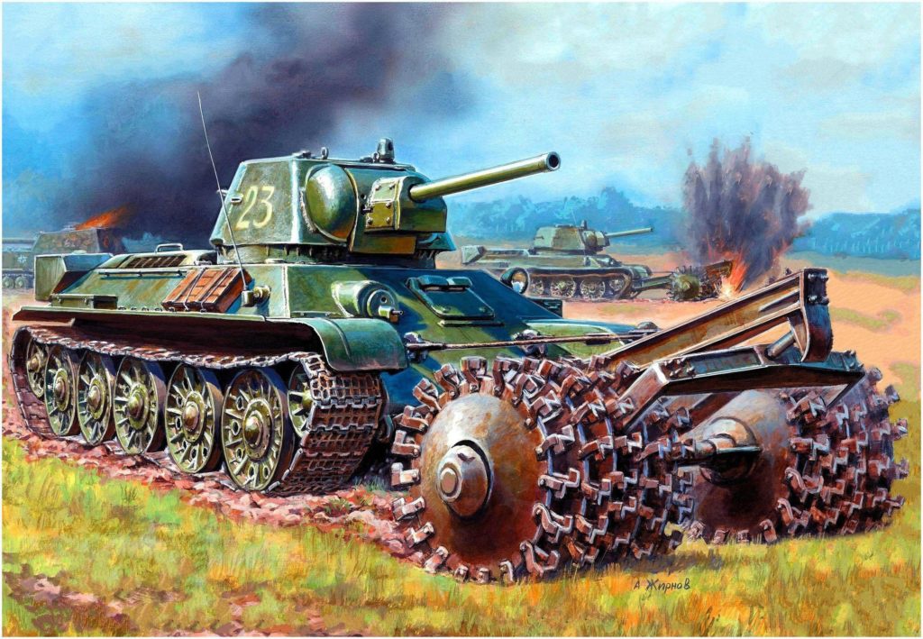 Жирнов Андрей. Танк Т-34-76 с минным тралом ПТ-3.