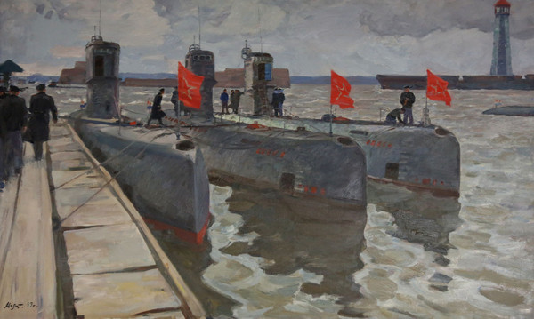 Подводные лодки на Кронштадском рейде. 1963 г. Художник К. Г. Молтенинов