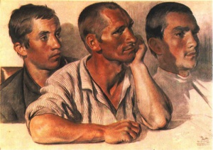 Е. Кацман. Слушают. Члены сельской комячейки. Уголь, сангина. 1925