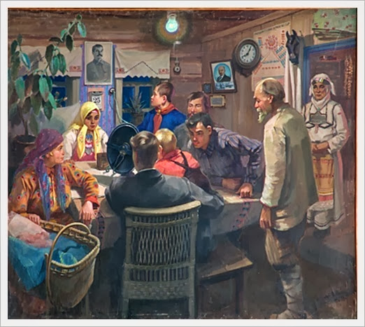 Зайцев Юрий Антонович (Россия, 1884-1972) «Колхозники слушают речь т.Сталина по радио» 1936-1939