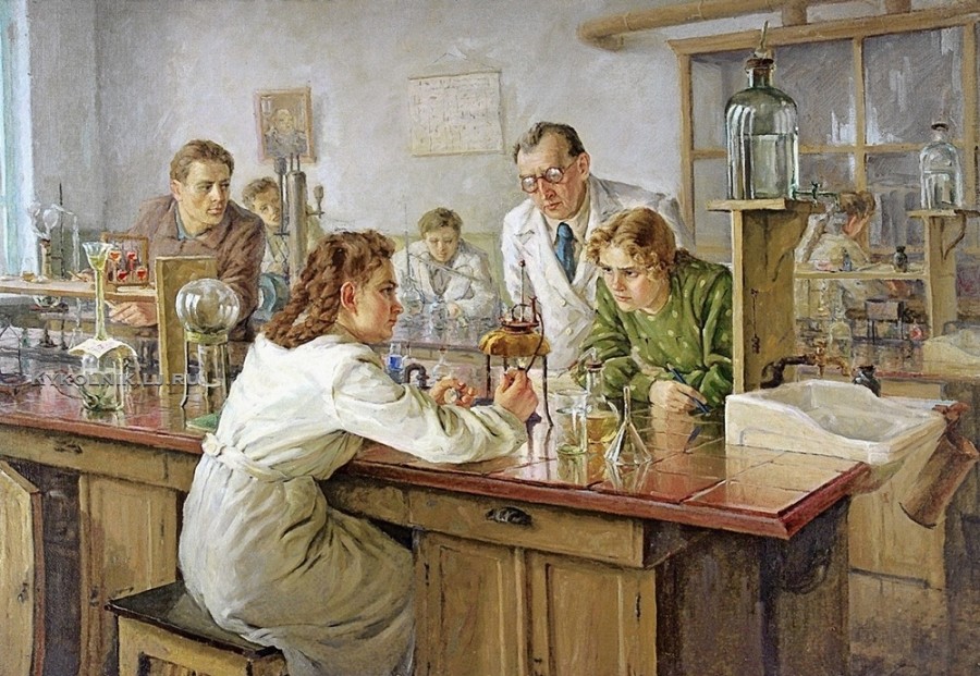 Ульянов Николай Иванович (1922-1990) «Выполнение тестов в лаборатории» 1951